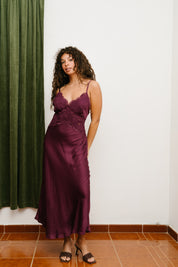 satin slip dress merlot burgundy plum dress embroidered and satin midi dress, open back romantic dress, date night dress elegant plum burgundy dress