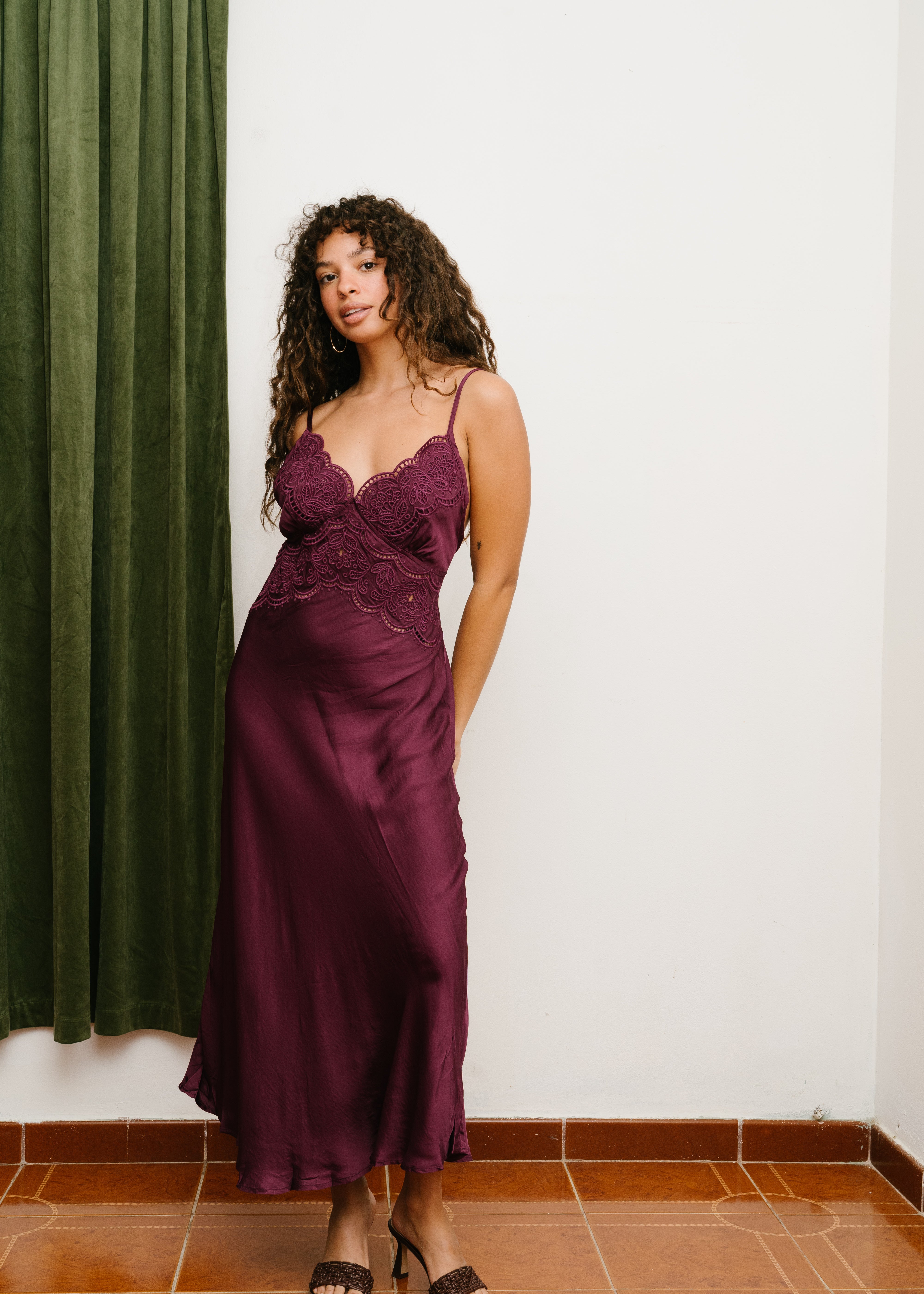 satin slip dress merlot burgundy plum dress embroidered and satin midi dress, open back romantic dress, date night dress elegant plum burgundy dress