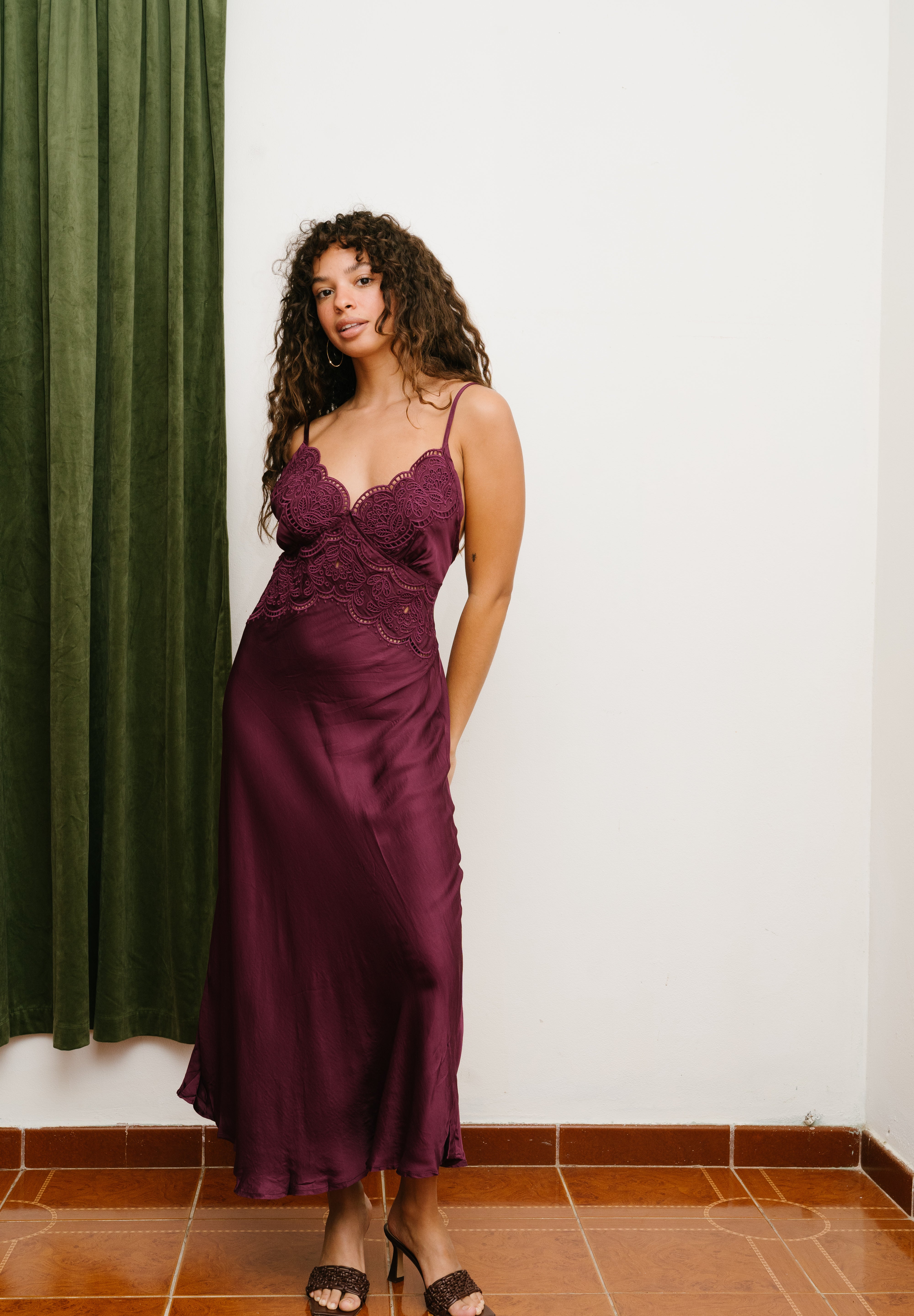 satin slip dress merlot burgundy plum dress embroidered and satin midi dress, open back romantic dress, date night dress elegant plum burgundy dress